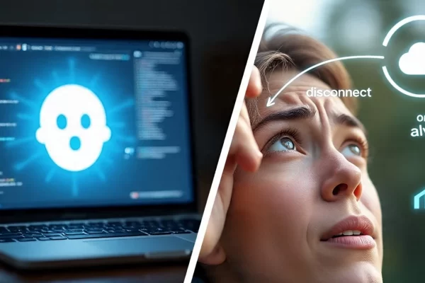 Person stressed by AI-driven work, contrasted with person enjoying leisure time, symbolizing the 'Right to Disconnect' for employee well-being.