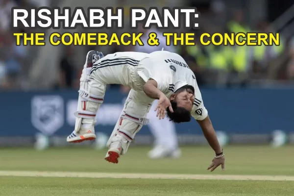 Rishabh Pant performing a somersault celebration on a cricket field, with a concerned expression from a doctor in the background