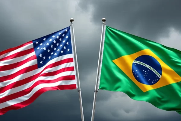 Illustration depicting U.S. and Brazilian flags with a prominent tariff symbol, symbolizing the Trump Brazil Tariff and potential trade tension escalation.