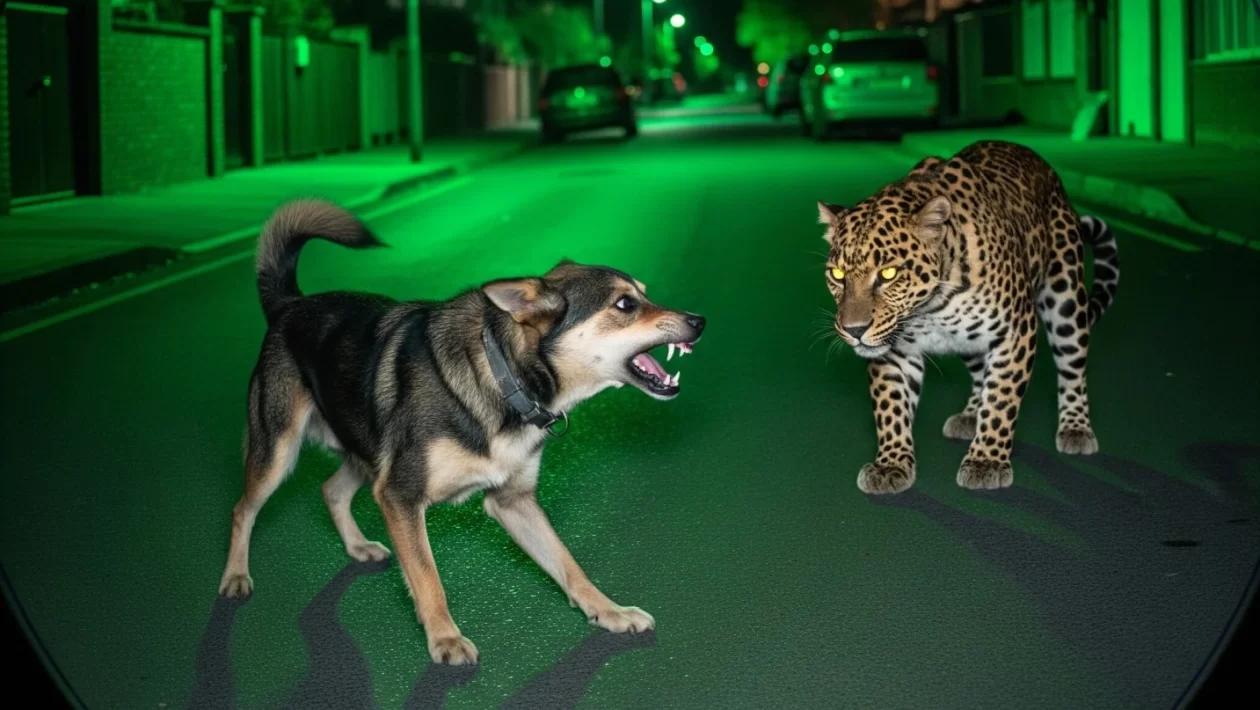A dramatic and viral photo captured by a night vision security camera showing a stray dog fiercely confronting a leopard on a residential street in Nashik.