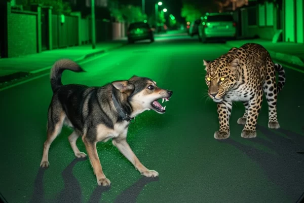 A dramatic and viral photo captured by a night vision security camera showing a stray dog fiercely confronting a leopard on a residential street in Nashik.