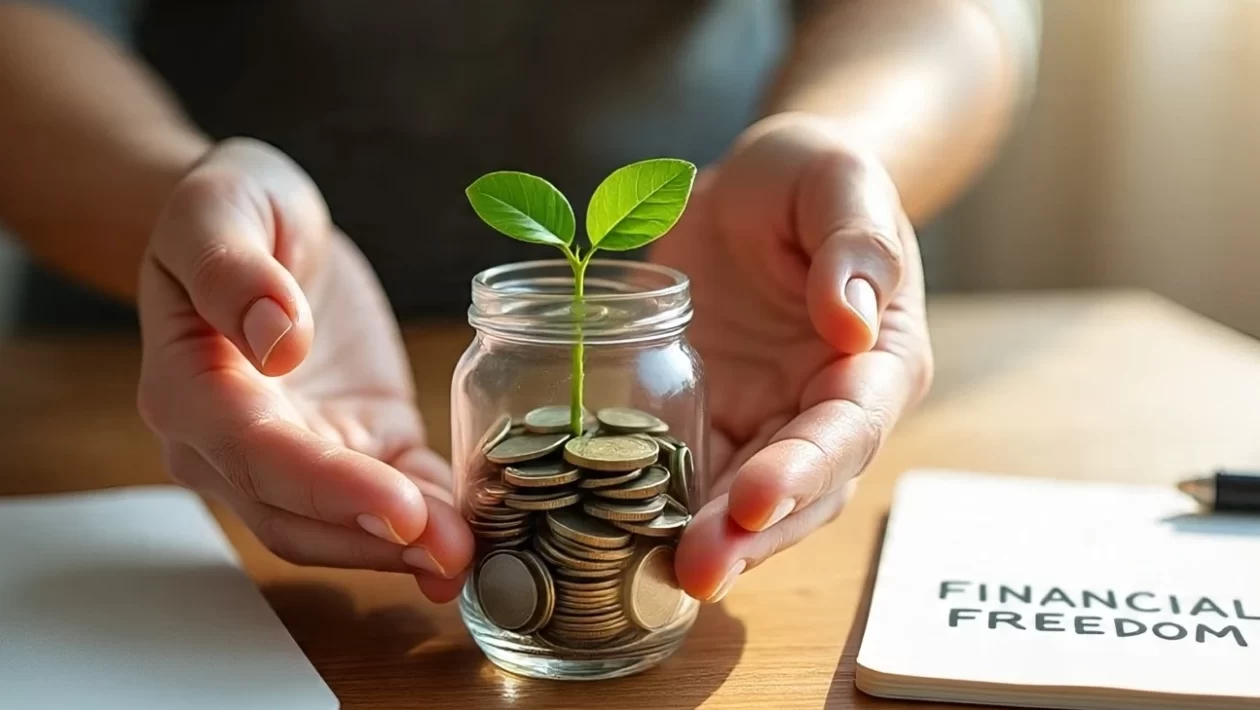 A minimalist desk with a single plant, a reusable coffee mug, and a notebook with "Financial Freedom" written on it. Sunlight streams in, highlighting a person's hands holding a savings jar with a small tree growing inside.