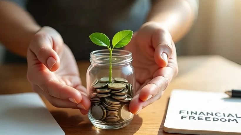 A minimalist desk with a single plant, a reusable coffee mug, and a notebook with "Financial Freedom" written on it. Sunlight streams in, highlighting a person's hands holding a savings jar with a small tree growing inside.