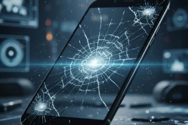 Close-up de una pantalla de smartphone rota que se auto-repara, mostrando grietas desapareciendo y un efecto futurista.