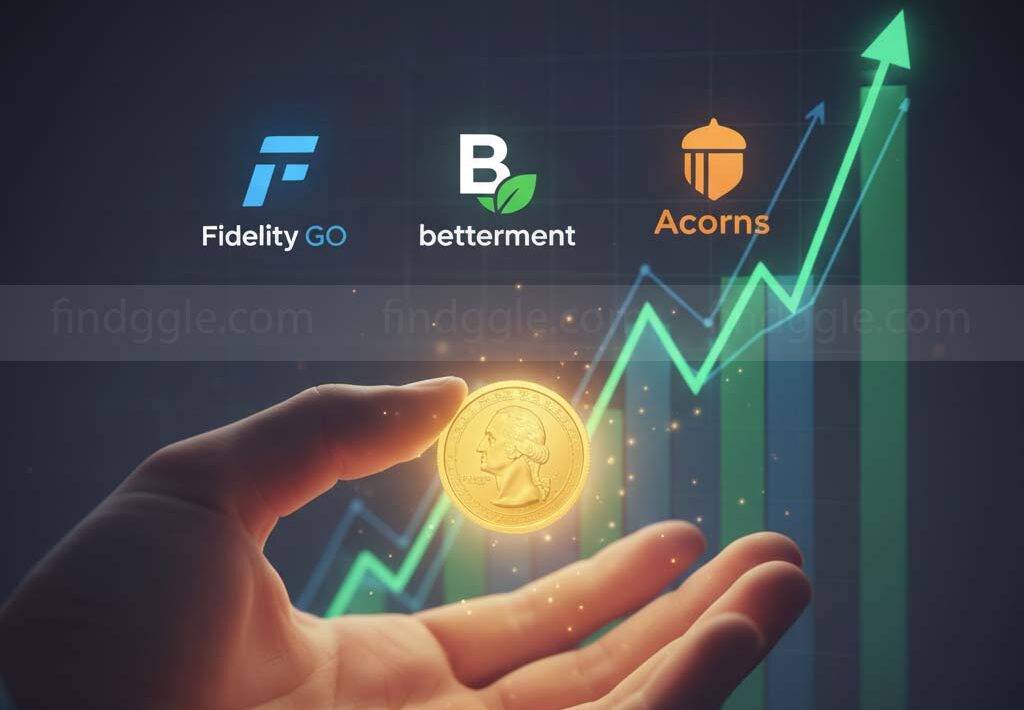 A person's hand holding a single coin, with a digital chart and various investment app logos (representing Fidelity Go, Betterment, and Acorns) floating in the background. The image has a low-cost, beginner-friendly vibe.