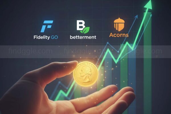 A person's hand holding a single coin, with a digital chart and various investment app logos (representing Fidelity Go, Betterment, and Acorns) floating in the background. The image has a low-cost, beginner-friendly vibe.
