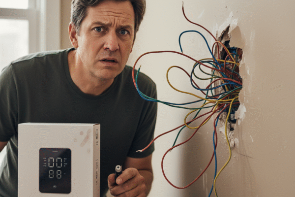 A close-up shot of a confused person with a screwdriver, looking at tangled, multi-colored wires coming out of a wall, with a new smart thermostat box nearby.