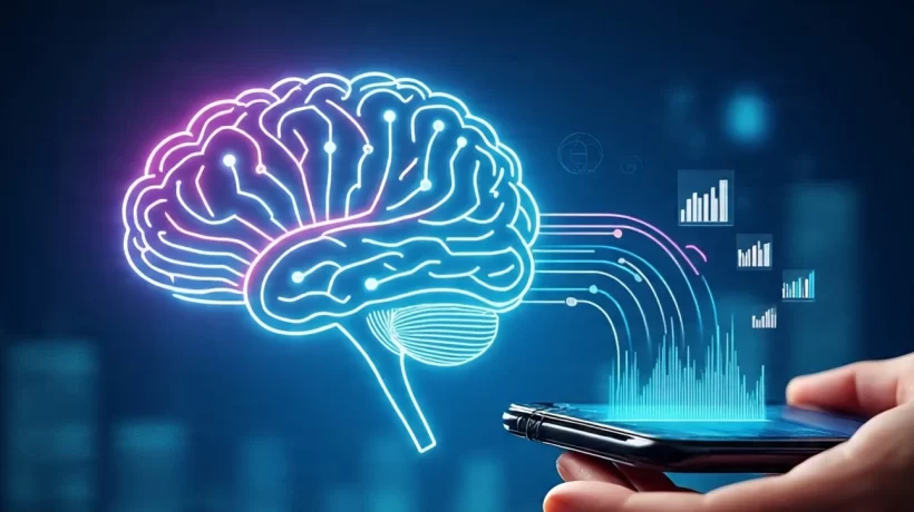 A digital brain with lines of financial data and stock charts flowing from it, symbolizing how AI can analyze complex financial information.