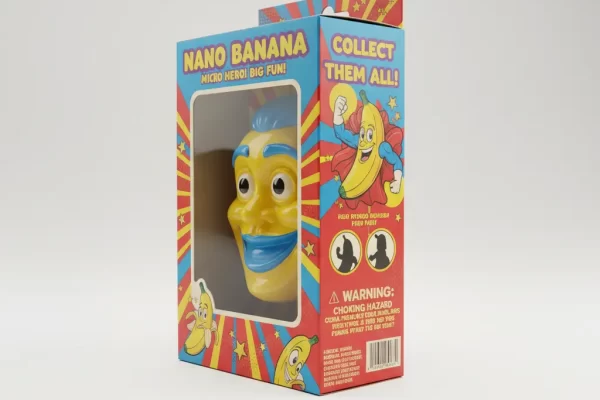 A person's face transformed into a glossy, plastic toy figurine inside vintage toy packaging with bold, retro graphics, showcasing the Nano Banana AI trend.
