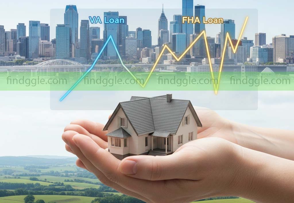 A vibrant image of two hands holding up a miniature house, symbolizing a choice between a VA loan and an FHA loan for a no down payment home.