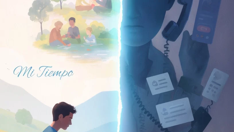 A symbolic, split-screen image contrasting a relaxed Gen Z employee with the text "Mi Tiempo" setting work-life boundaries, against a stressed manager representing toxic hustle culture. Focuses on the Right to Disconnect (El Derecho a Desconectar) trend and the Gen Z workplace rebellion.