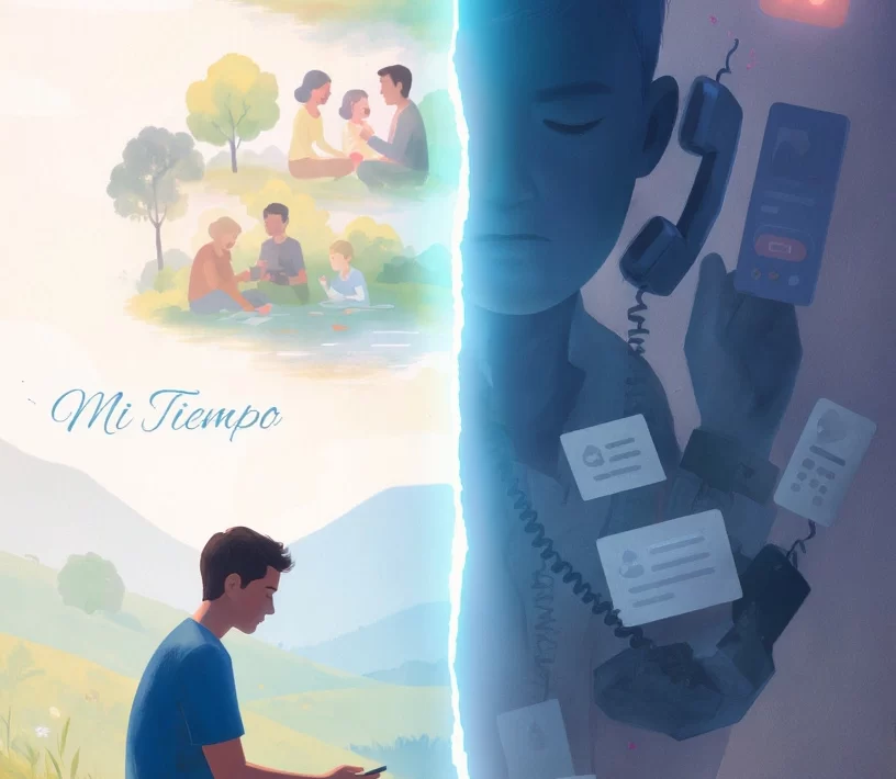 A symbolic, split-screen image contrasting a relaxed Gen Z employee with the text "Mi Tiempo" setting work-life boundaries, against a stressed manager representing toxic hustle culture. Focuses on the Right to Disconnect (El Derecho a Desconectar) trend and the Gen Z workplace rebellion.